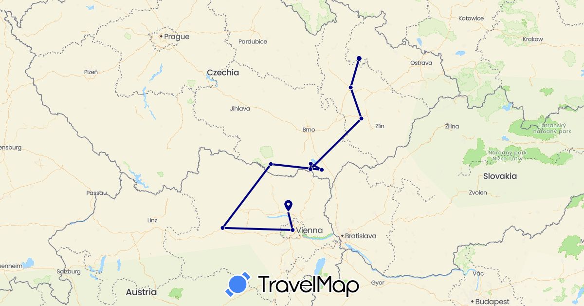 TravelMap itinerary: driving in Austria, Czech Republic (Europe)